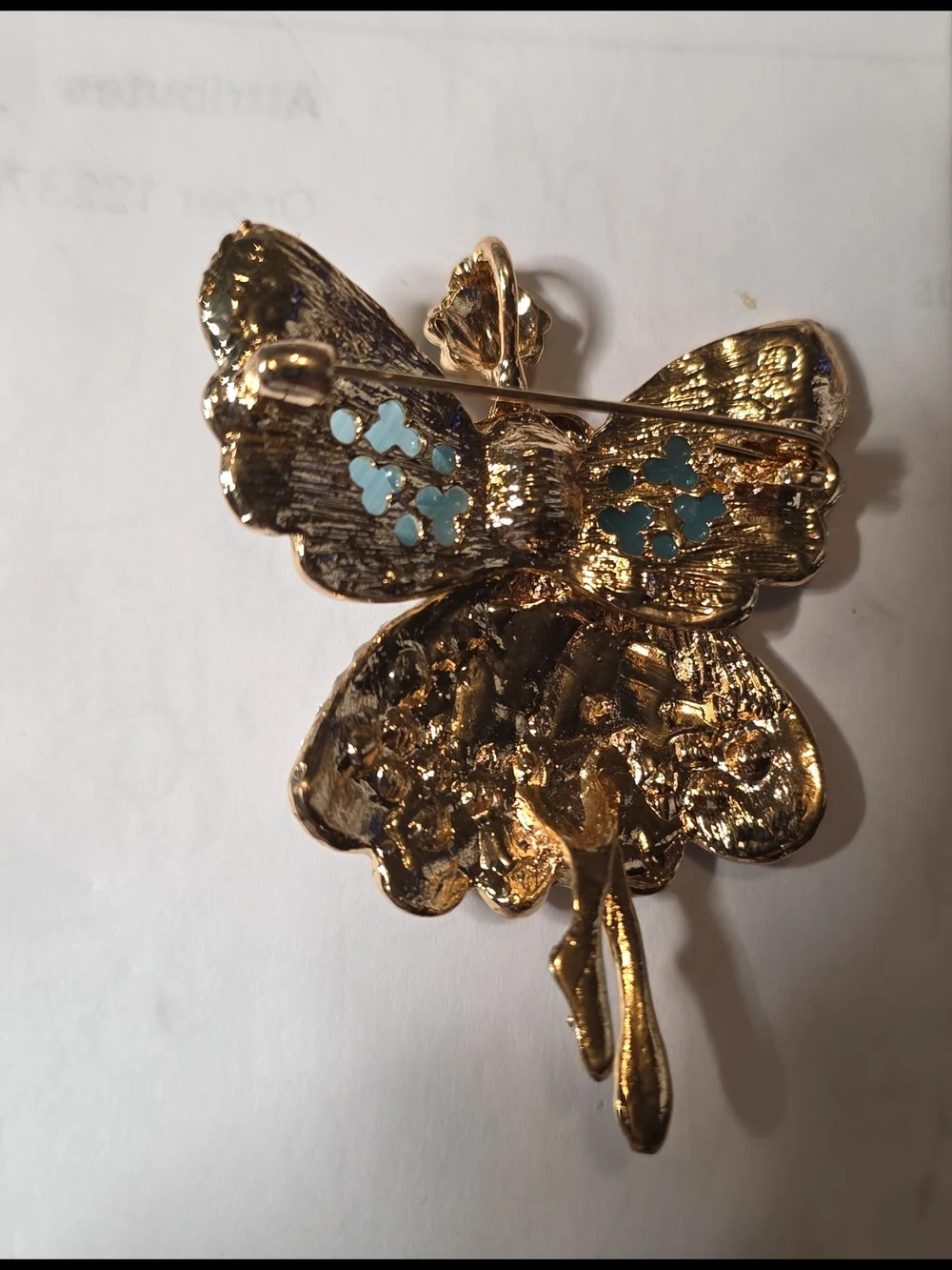Gold-Tone Teal Crystal Ballerina Brooch - Unbranded